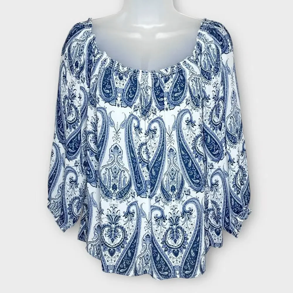 JOIE Silk Paisley Boho Blouse Navy White Flowy Semi Sheer Size Small - Picture 2 of 6